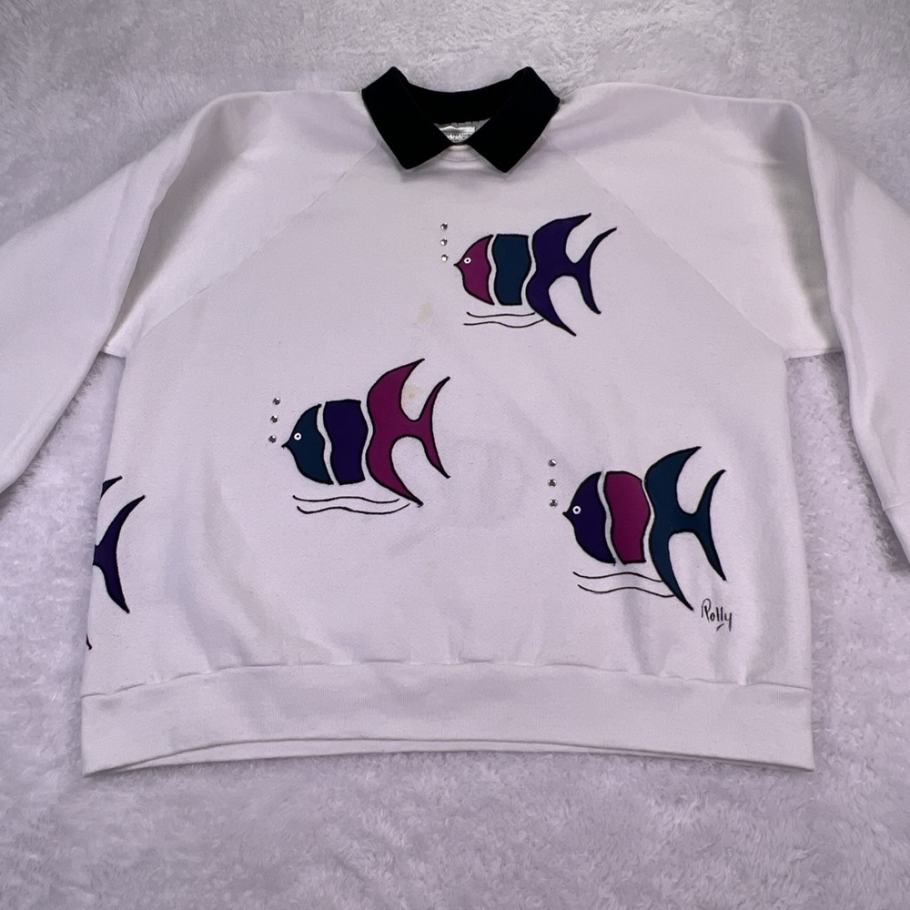 VTG Fruit Of The Loom Womens XL Single Stitch Handmade Fish Sweatshirt w/Collar‎
